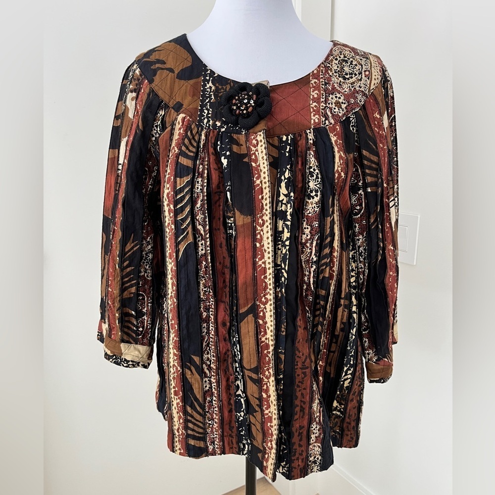 KERRYBROOKE Jacket 100% Cotton Round Neck Unique Patchwork Strips Boho Artsy